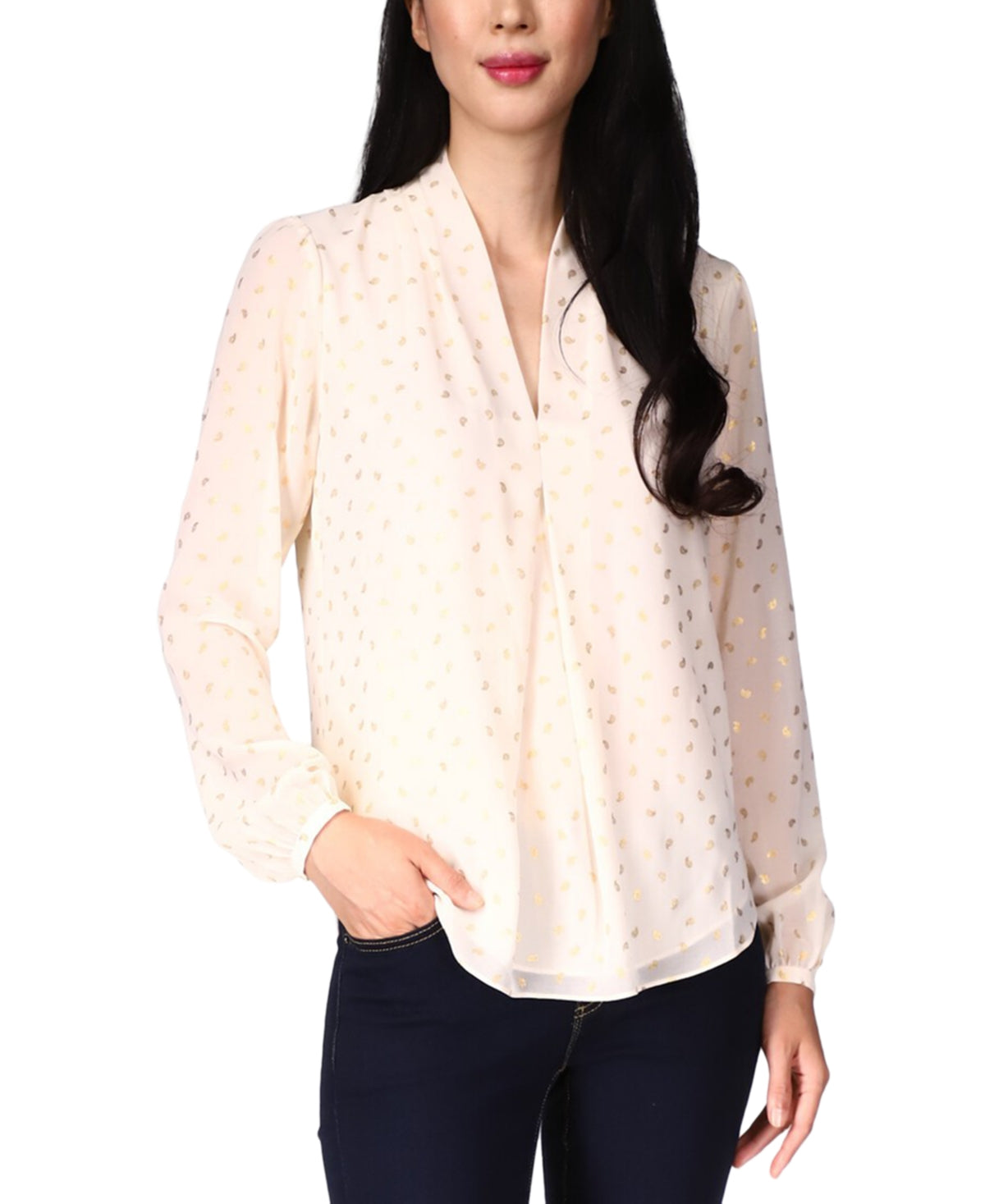 Blusa plissada feminina Michael Kors com estampa de folha, branca, tamanho médio