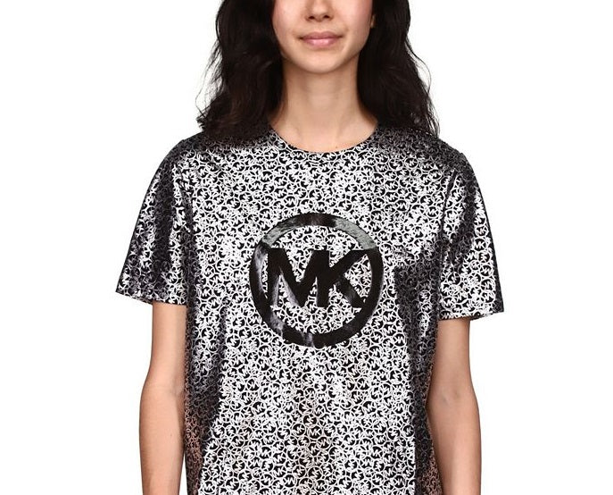Camiseta feminina Michael Kors de algodão orgânico com estampa de logotipo metálico, preta, tamanho grande