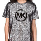 Camiseta feminina Michael Kors de algodão orgânico com estampa de logotipo metálico, cinza, tamanho grande