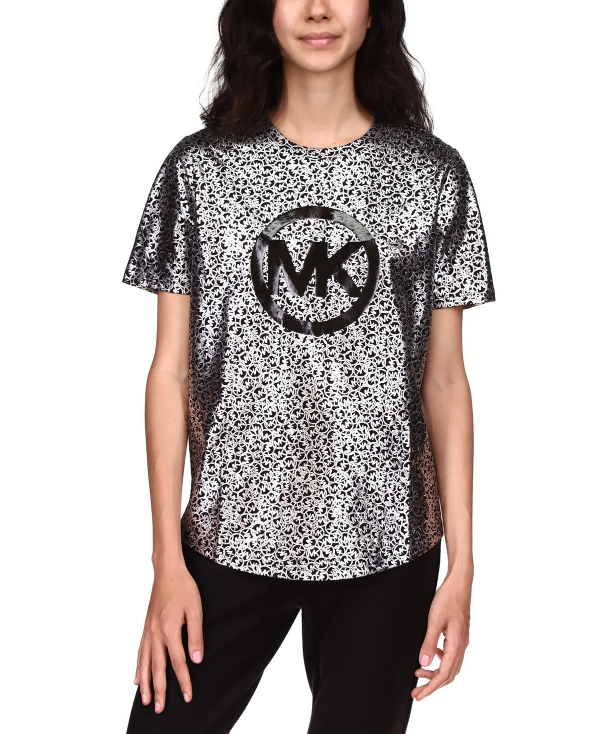 Camiseta feminina Michael Kors de algodão orgânico com estampa de logotipo metálico, cinza, tamanho grande