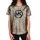Camiseta feminina Michael Michael Kors de algodão orgânico com estampa de logotipo metálico, preta/dourada, tamanho GG
