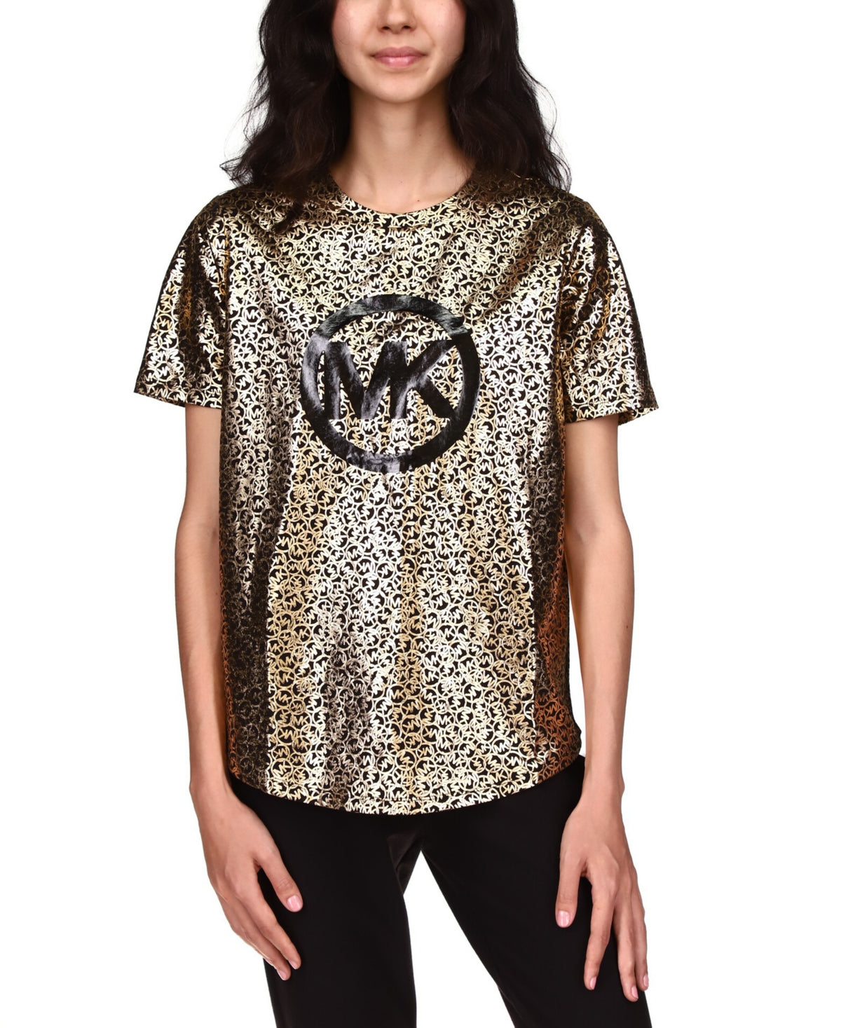 Camiseta feminina Michael Michael Kors de algodão orgânico com estampa de logotipo metálico, preta/dourada, tamanho GG