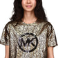 Camiseta feminina Michael Michael Kors de algodão orgânico com estampa de logotipo metálico, preta/dourada, tamanho GG