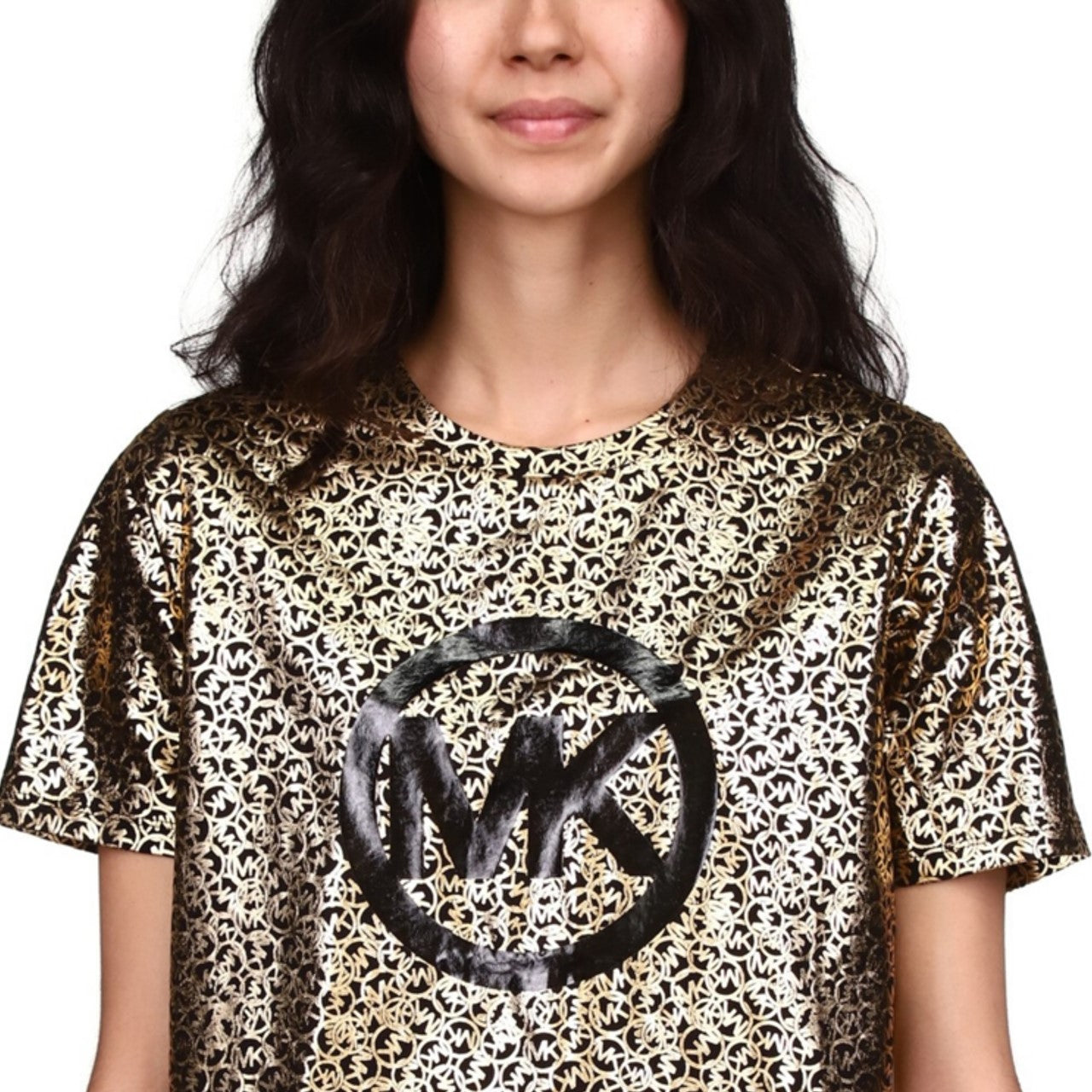Camiseta feminina Michael Michael Kors de algodão orgânico com estampa de logotipo metálico, preta/dourada, tamanho GG