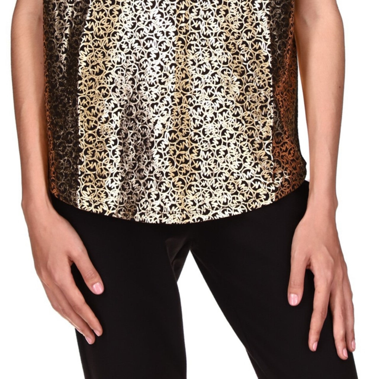 Camiseta feminina Michael Michael Kors de algodão orgânico com estampa de logotipo metálico, preta/dourada, tamanho GG