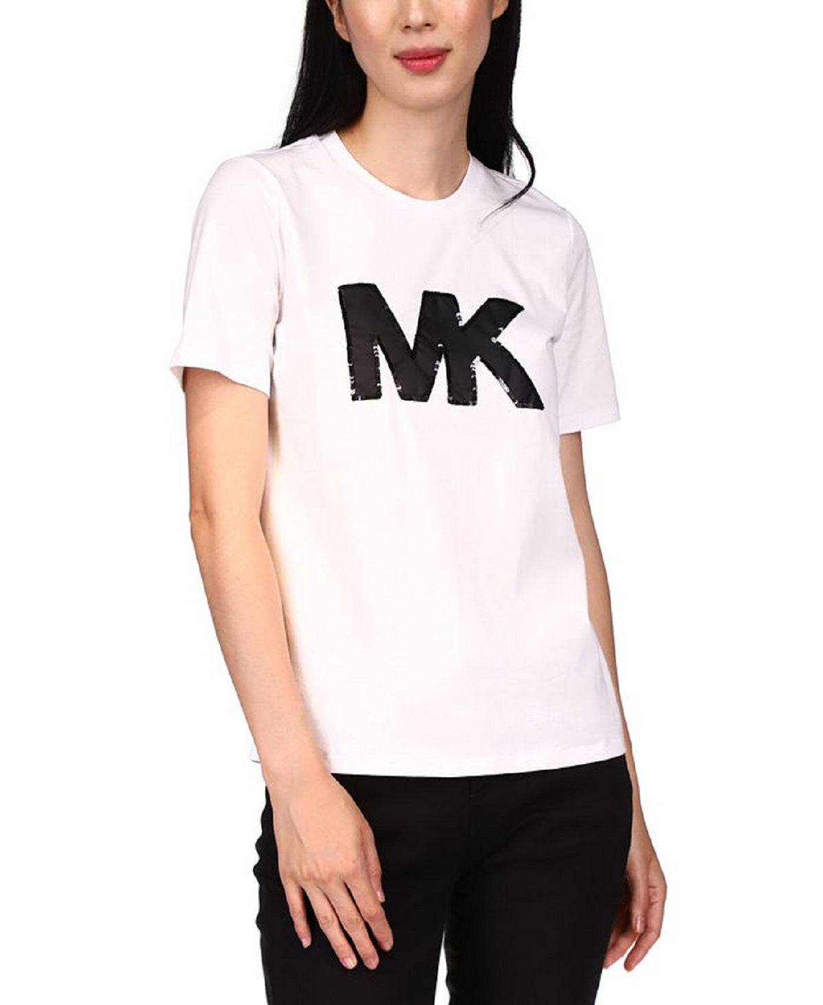Camiseta feminina Michael Kors de algodão orgânico com logotipo e lantejoulas, branca, tamanho pequeno