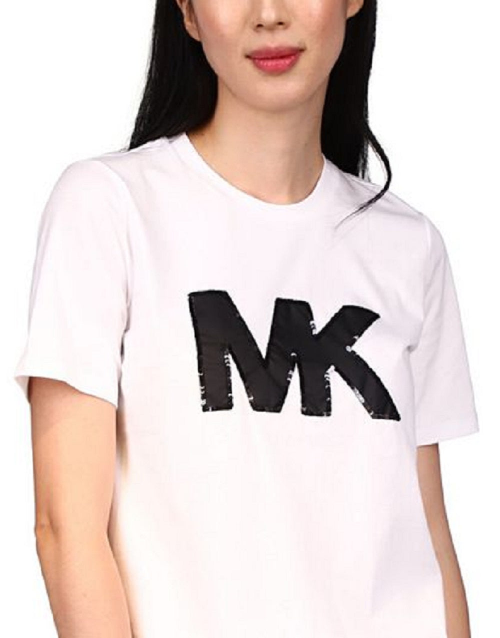 Camiseta feminina Michael Kors de algodão orgânico com logotipo e lantejoulas, branca, tamanho pequeno
