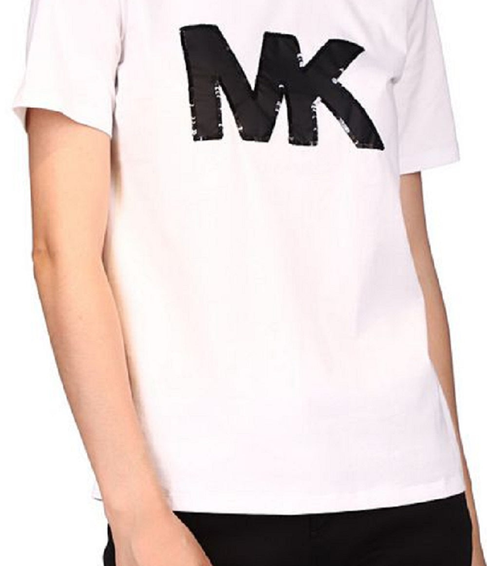 Camiseta feminina Michael Kors de algodão orgânico com logotipo e lantejoulas, branca, tamanho pequeno