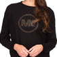Blusa de malha waffle com logo de strass feminina Michael Kors, preta, tamanho grande