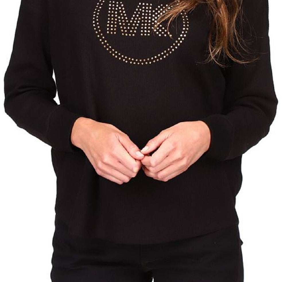 Blusa de malha waffle com logo de strass feminina Michael Kors, preta, tamanho grande
