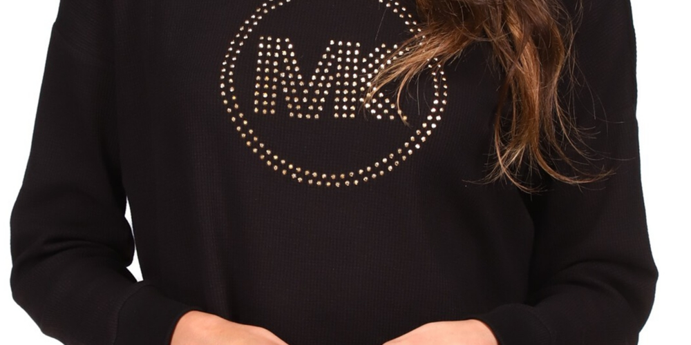 Blusa de malha waffle com logo de strass feminina Michael Kors, preta, tamanho grande