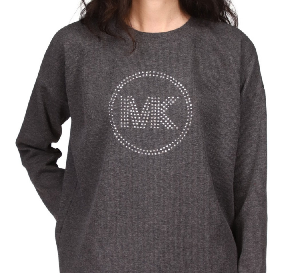 Blusa feminina Michael Kors com logo de strass e malha waffle, cinza, tamanho XS