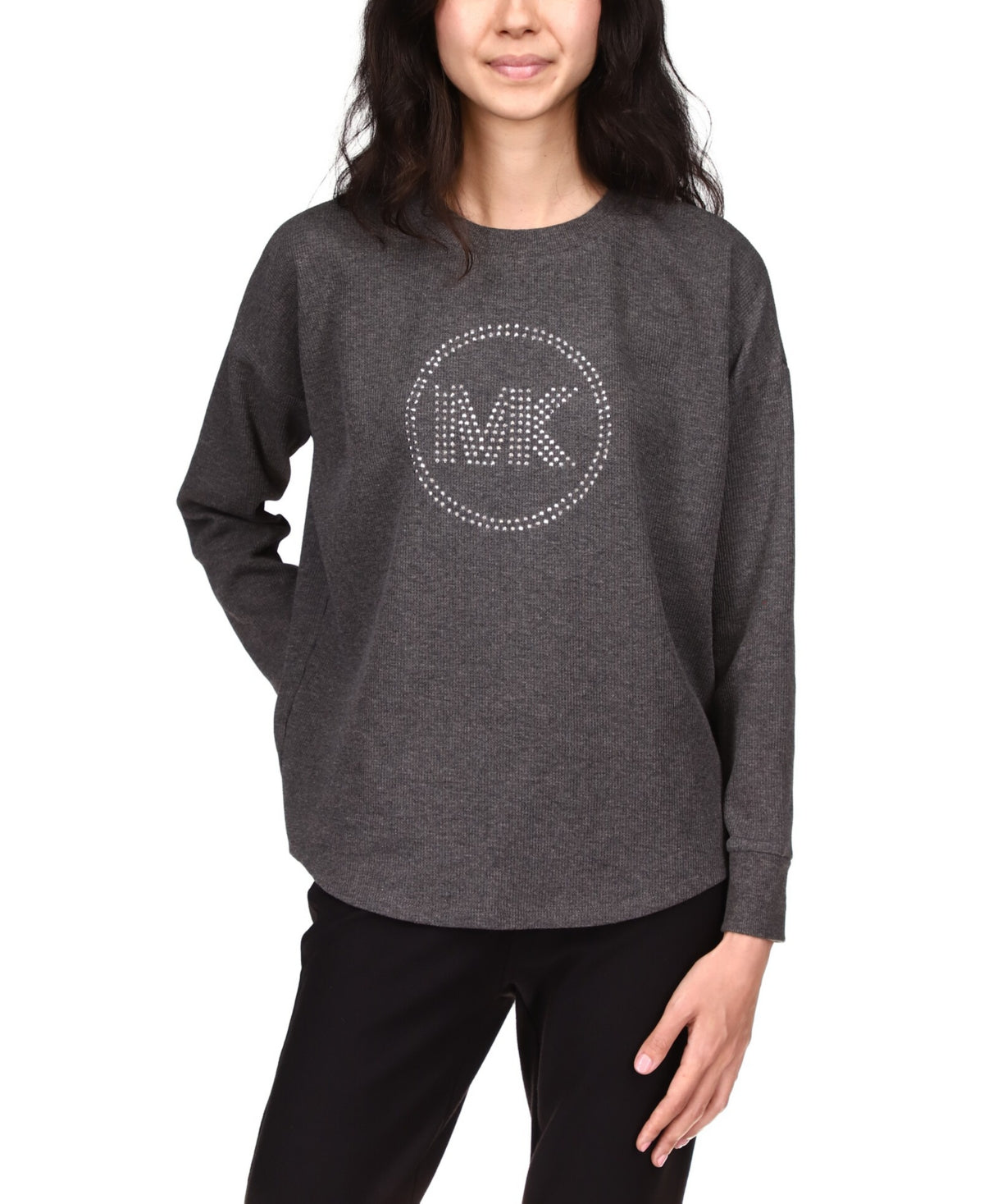 Blusa feminina Michael Kors com logo de strass e malha waffle, cinza, tamanho XS