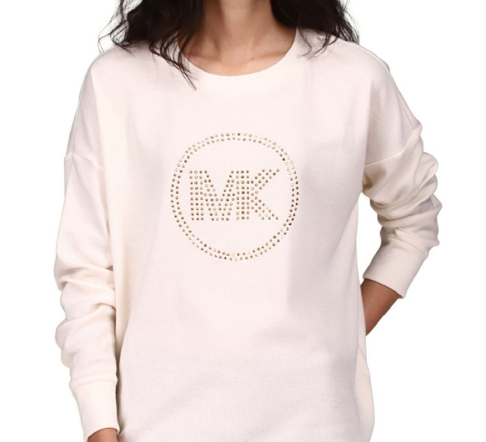 Blusa de malha waffle com logo de strass feminina Michael Kors, branca, tamanho grande