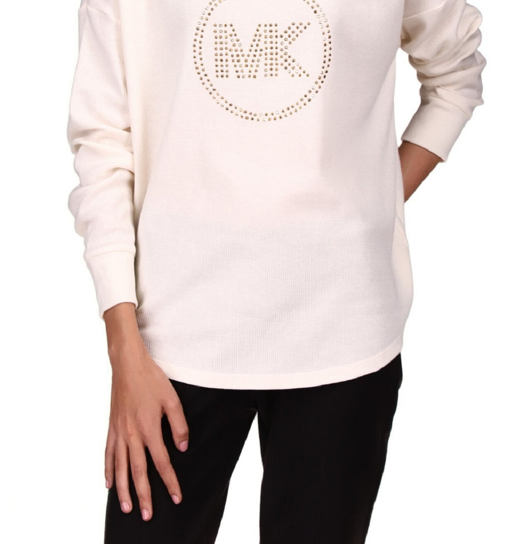 Blusa de malha waffle com logo de strass feminina Michael Kors, branca, tamanho grande