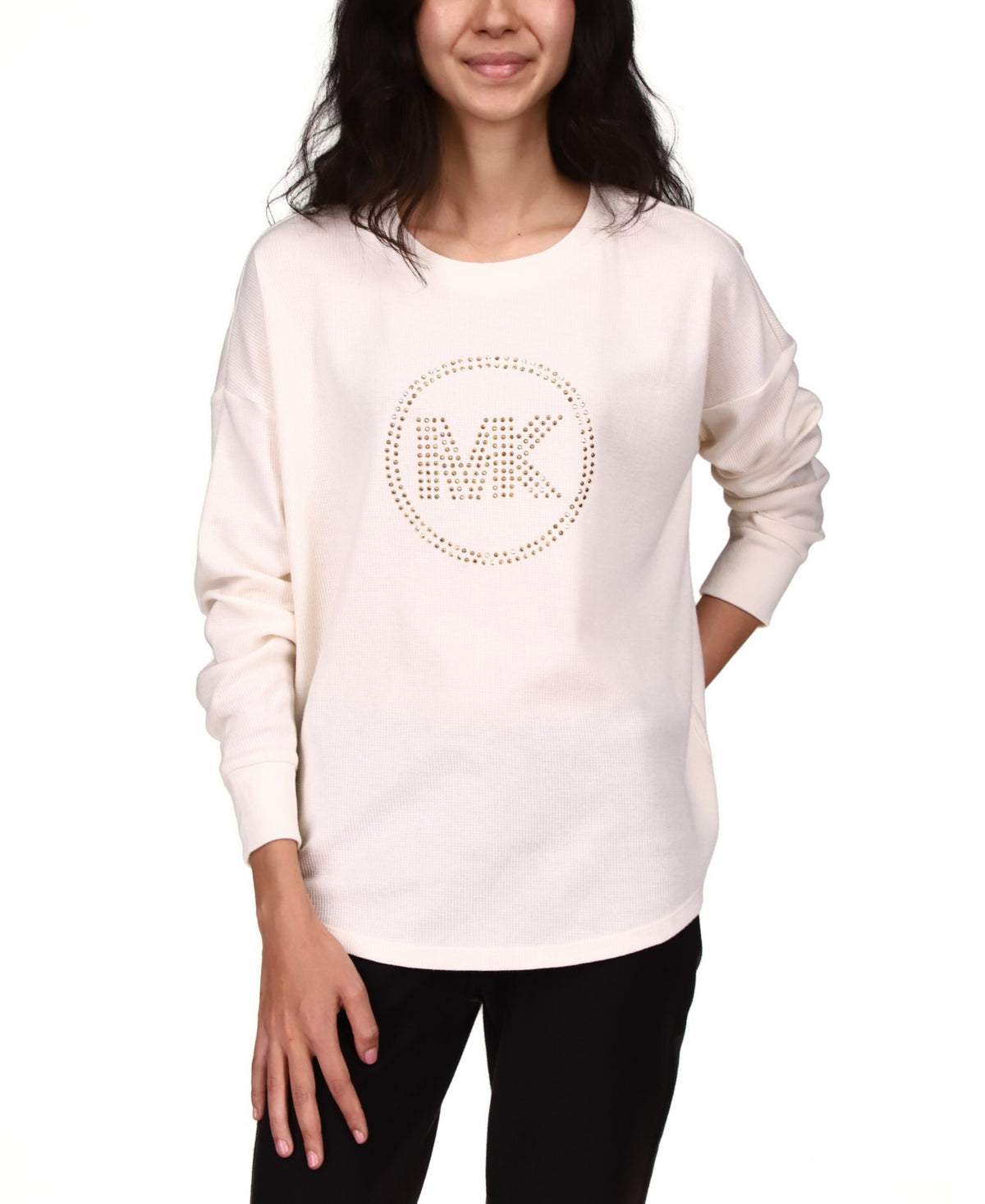 Blusa de malha waffle com logo de strass feminina Michael Kors, branca, tamanho grande