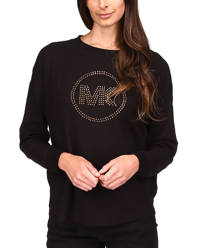 Blusa de malha waffle com logo de strass feminina Michael Kors, preta, tamanho pequeno