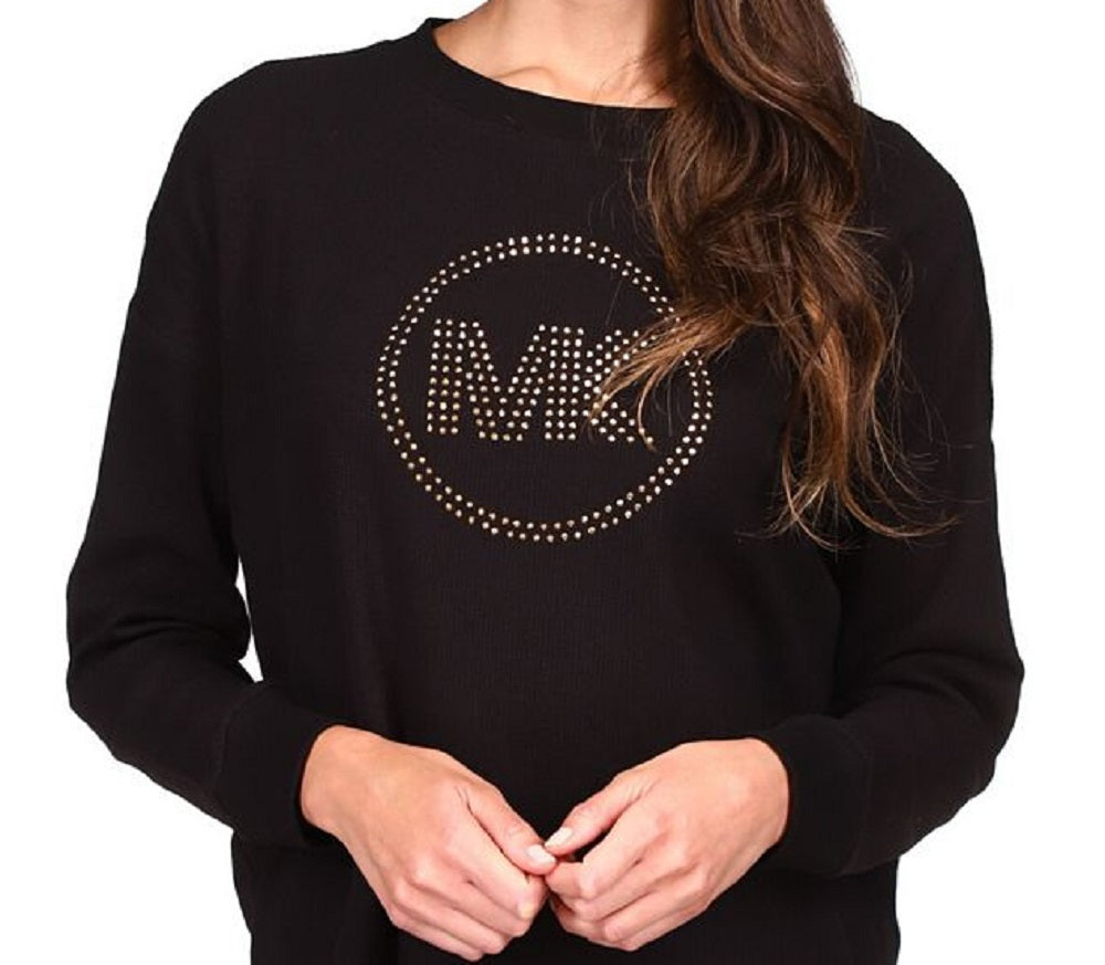 Blusa de malha waffle com logo de strass feminina Michael Kors, preta, tamanho pequeno