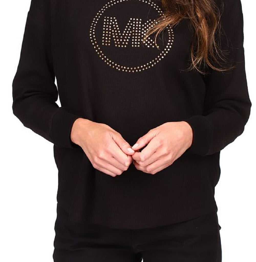 Blusa de malha waffle com logo de strass feminina Michael Kors, preta, tamanho pequeno