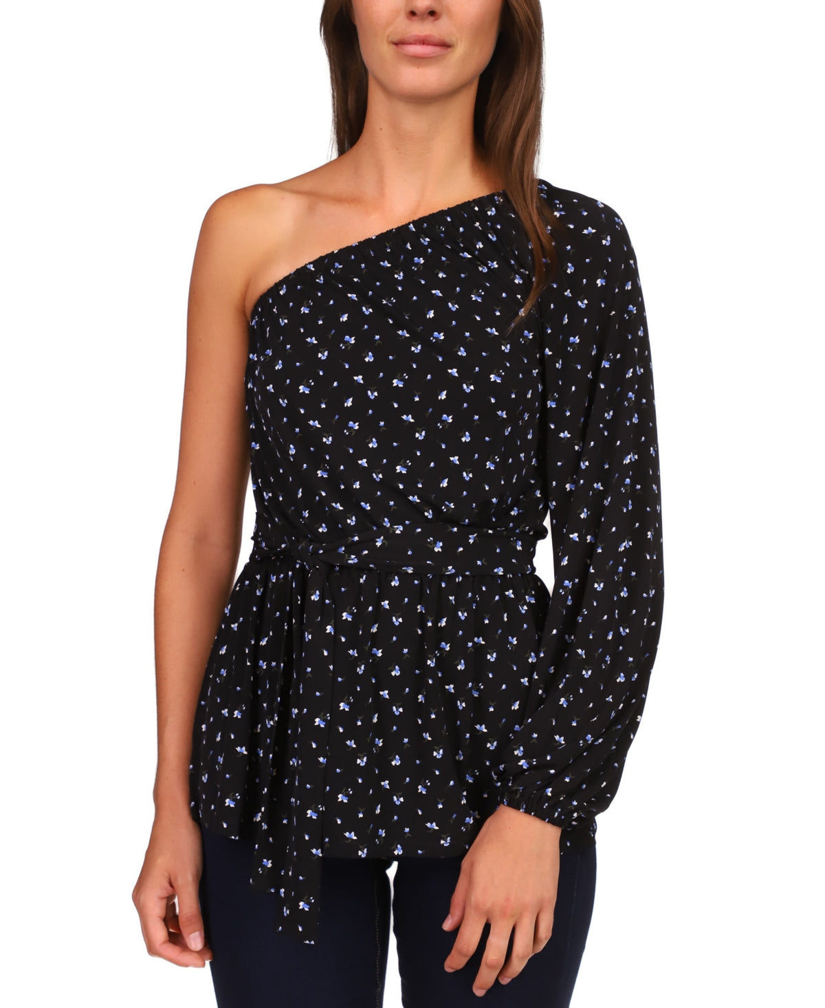 Michael Kors Blusa Túnica Feminina com Um Ombro e Cintura Amarrada Azul Tamanho P