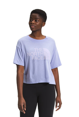 Camiseta feminina The North Face com estampa de logotipo, manga curta e gola redonda, roxa, tamanho grande