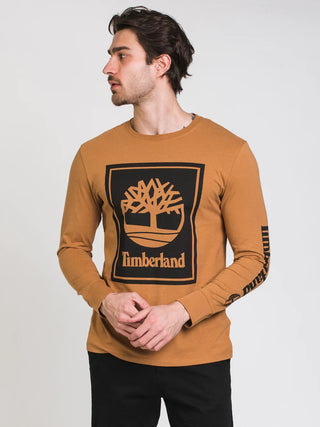 Camiseta Timberland Masculina Manga Longa Stack Logo Marrom Tamanho P