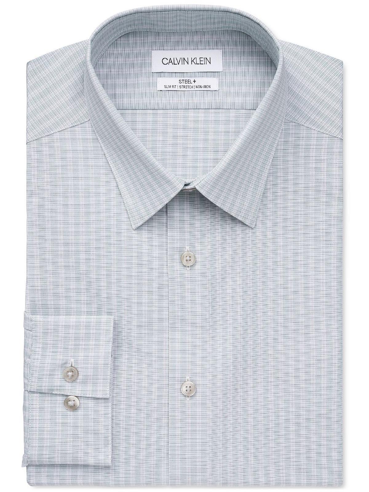 Camisa social Calvin Klein masculina slim fit listrada em aço, verde, tamanho 17, 32-33