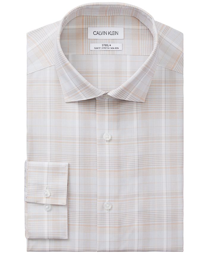 Camisa social masculina Calvin Klein Steel Slim-Fit, sem necessidade de passar, xadrez elástica, tamanho amarelo, 15,5 x 32-33