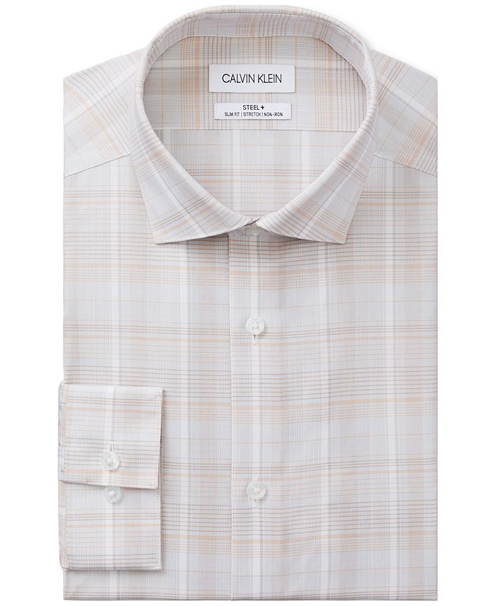 Camisa social masculina Calvin Klein Steel Slim-Fit, sem necessidade de passar, xadrez elástica, tamanho amarelo, 15,5 x 32-33
