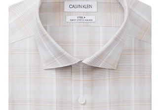 Camisa social masculina Calvin Klein Steel Slim-Fit, sem necessidade de passar, xadrez elástica, tamanho amarelo, 15,5 x 32-33