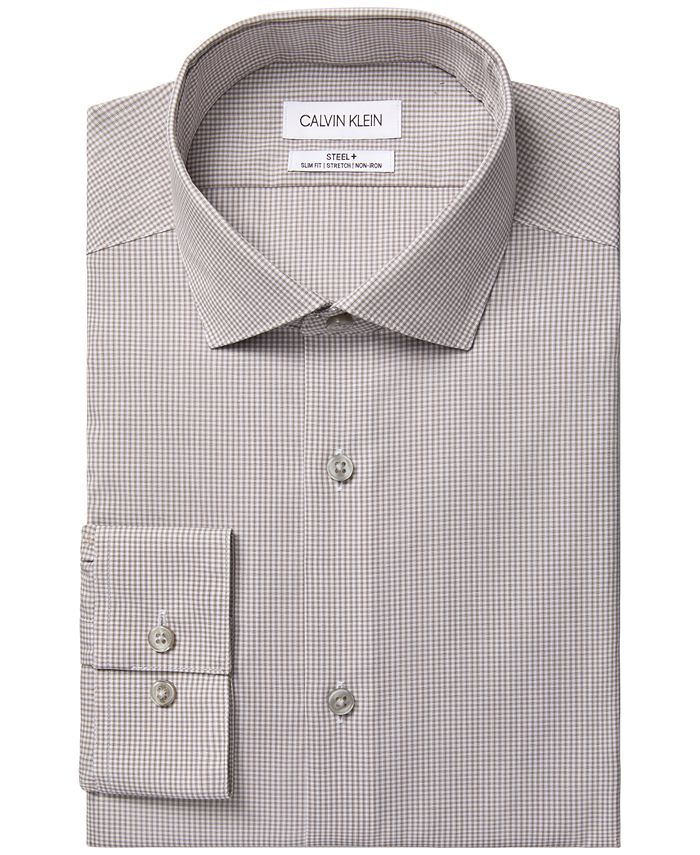 Camisa social masculina Calvin Klein Slim Fit Stretch Modern Check, sem passar, bege, tamanho 16,5 x 34 x 35