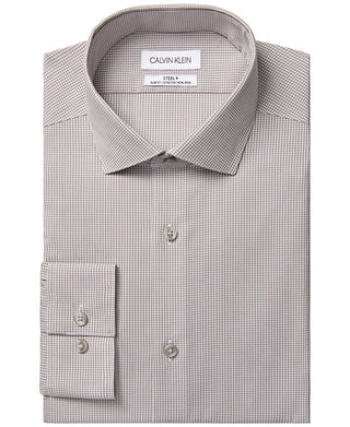 Camisa social masculina Calvin Klein Slim Fit Stretch Modern Check, sem passar, bege, tamanho 16,5 x 34 x 35