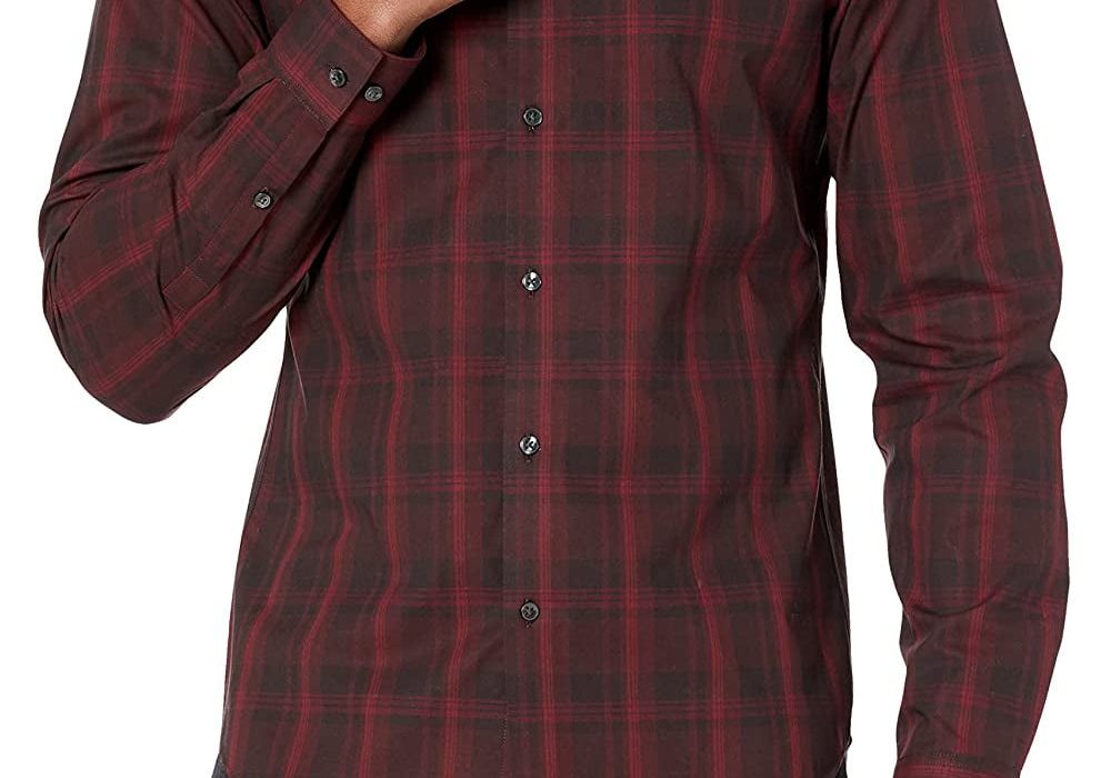 Camisa social Calvin Klein masculina slim fit, elástica, sem passar, vermelha, tamanho 17, 32-33