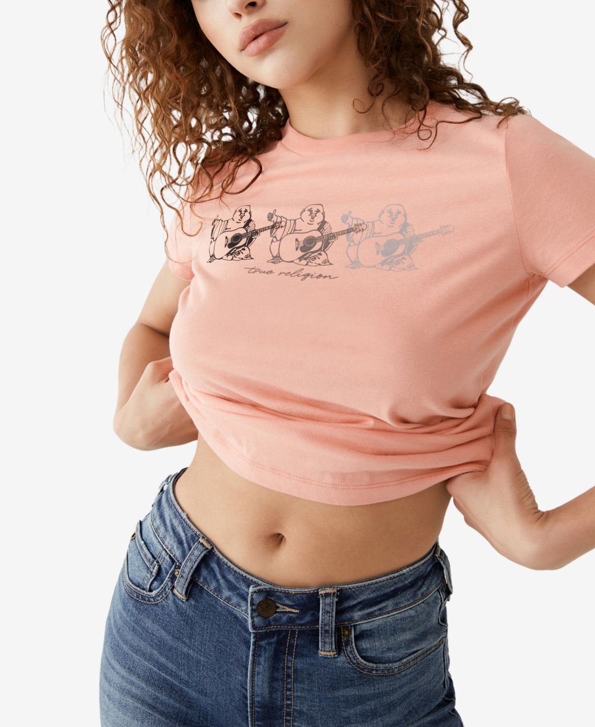 Camiseta feminina True Religion com logotipo do Buda Triplo rosa, tamanho médio