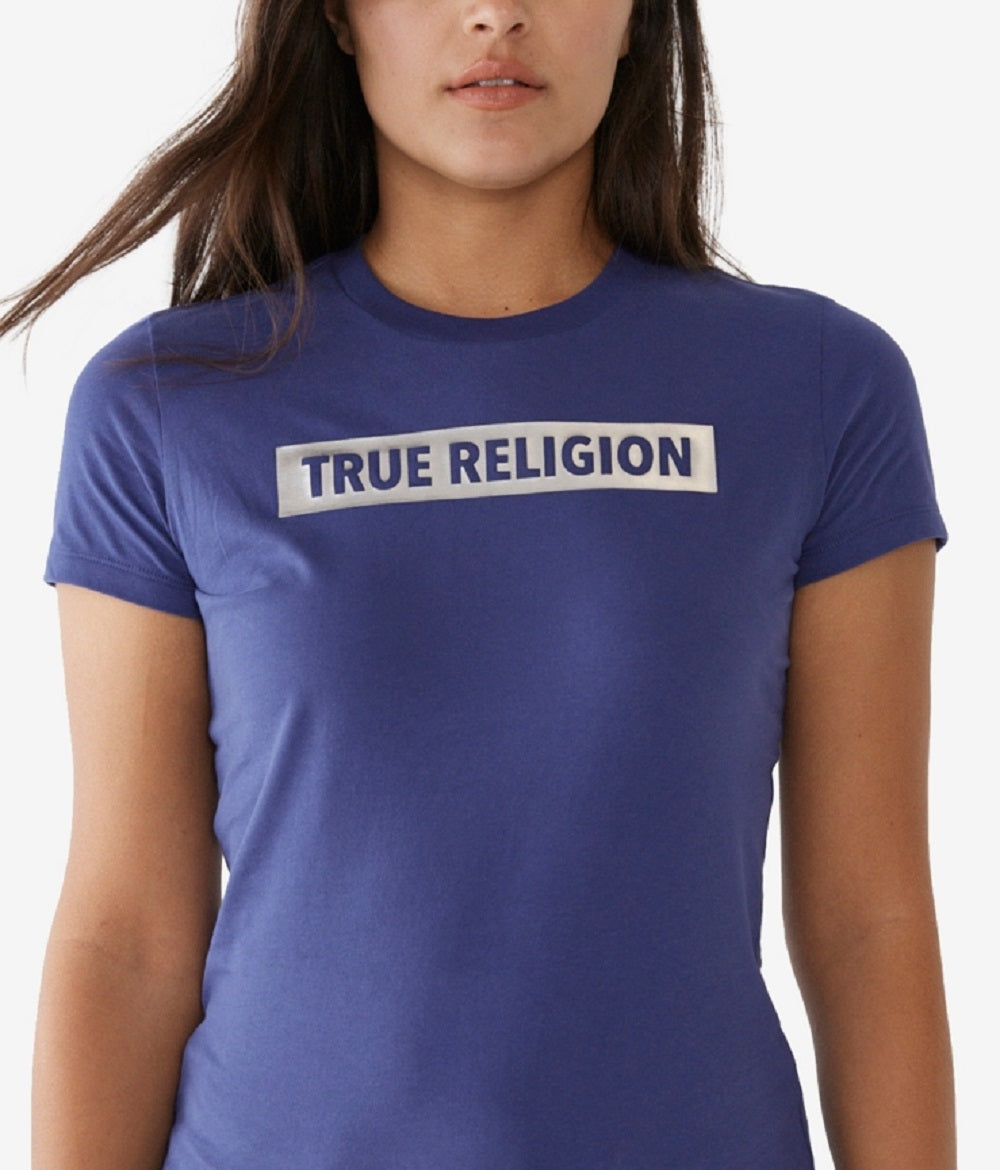 Camiseta feminina True Religion Ombre Foil Logo manga curta azul tamanho X-S