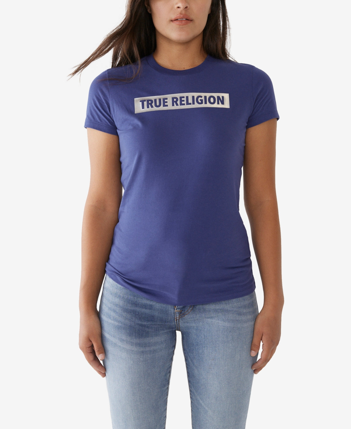 Camiseta feminina True Religion Ombre Foil Logo manga curta azul tamanho X-S