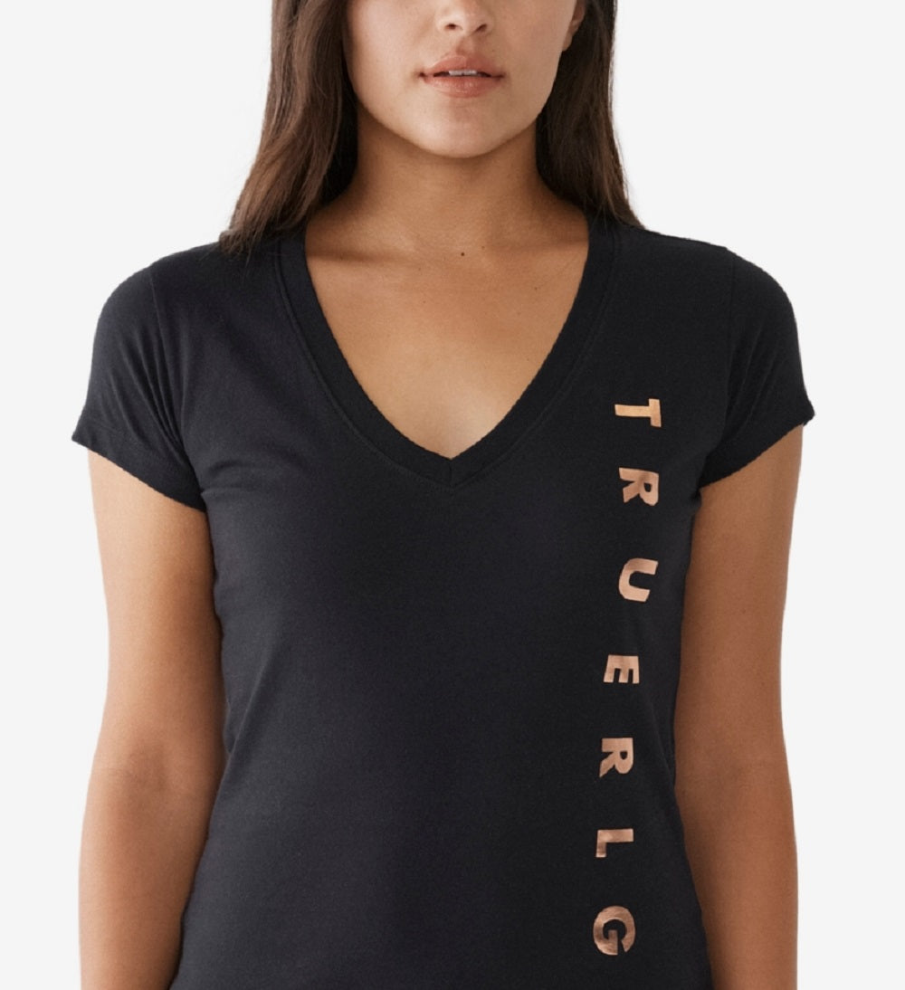 Camiseta feminina True Religion com logo lateral, gola V slim, manga curta, preta, tamanho grande