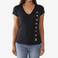 Camiseta feminina True Religion com logo lateral, gola V slim, manga curta, preta, tamanho grande