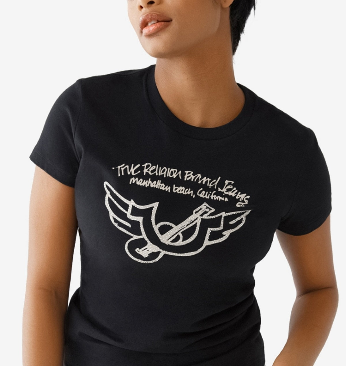 Camiseta feminina True Religion Retro Horseshoe Crew, preta, tamanho grande