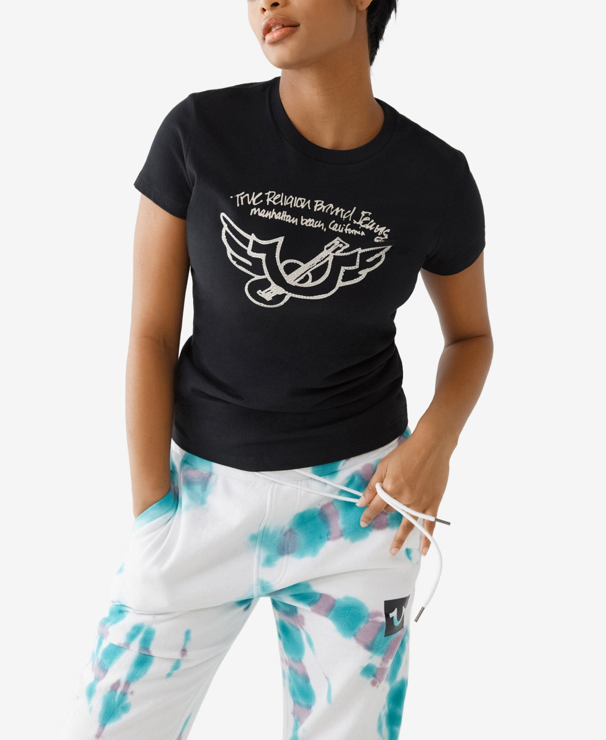 Camiseta feminina True Religion Retro Horseshoe Crew, preta, tamanho grande