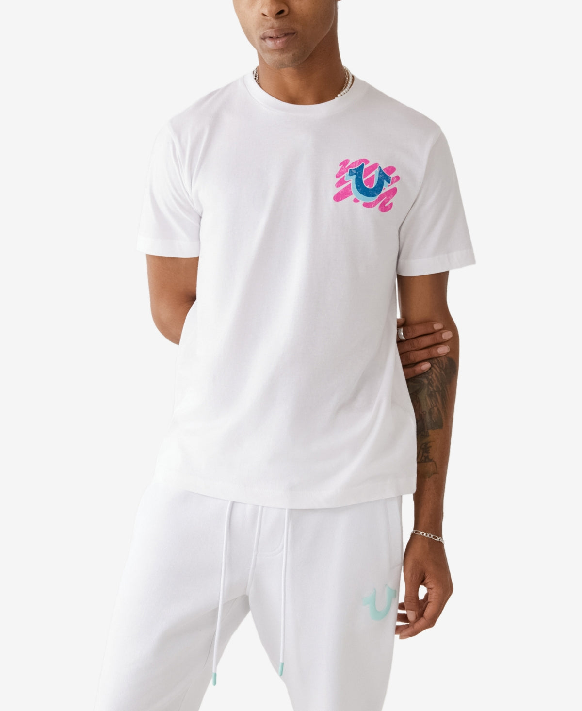 Camiseta masculina com estampa de pincel True Religion, branca, tamanho grande