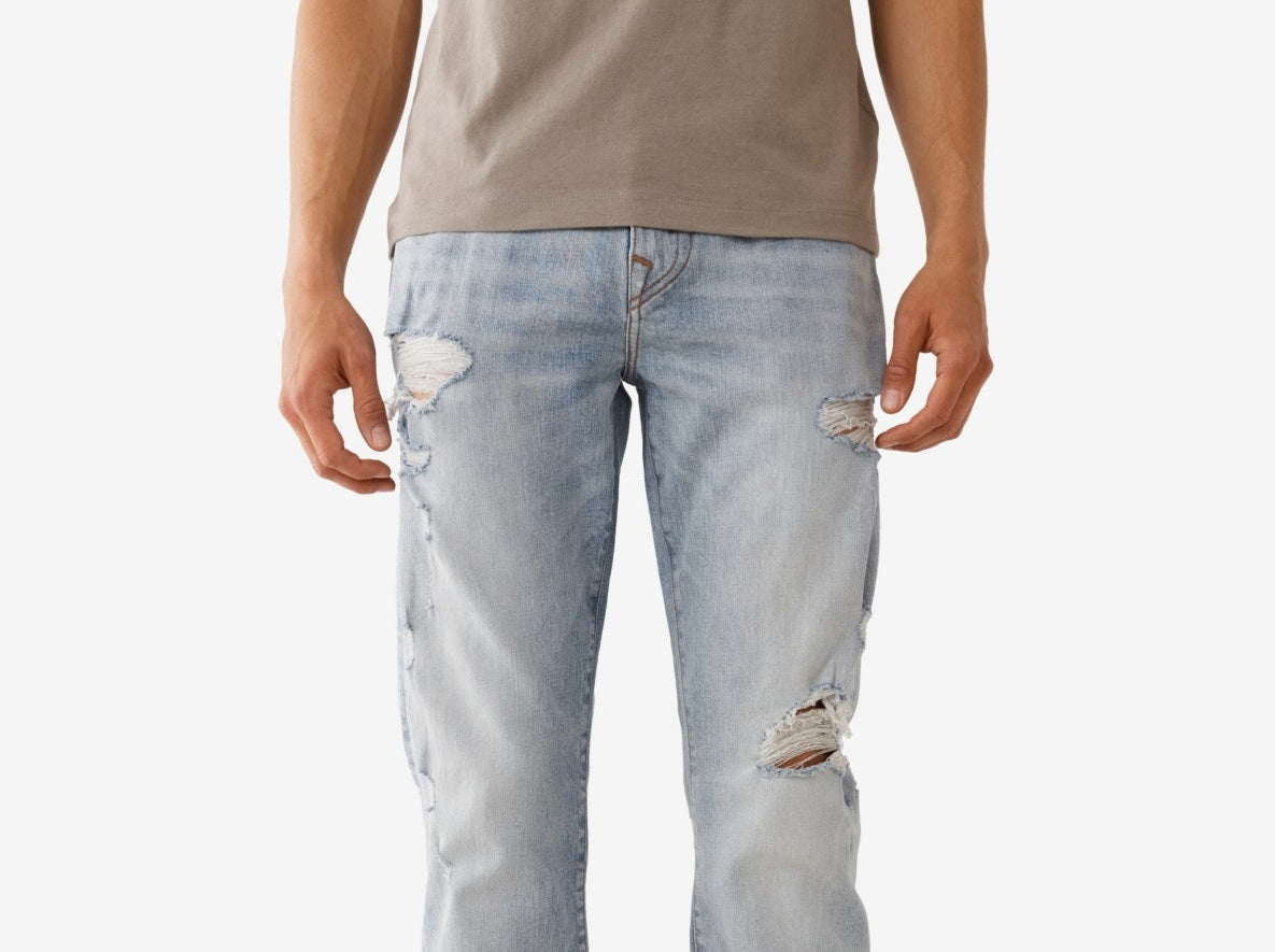 Calça jeans reta masculina True Religion Ricky Destroyed, azul, tamanho 32