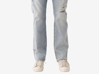 Calça jeans reta masculina True Religion Ricky Destroyed, azul, tamanho 32