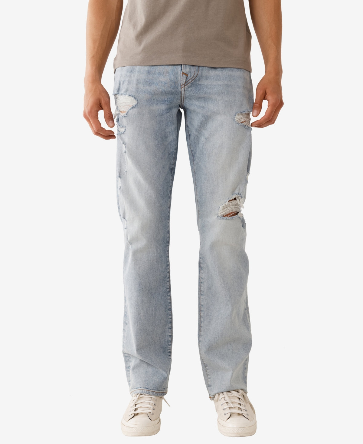 Calça jeans reta masculina True Religion Ricky Destroyed, azul, tamanho 32