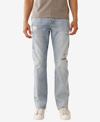 Calça jeans reta masculina True Religion Ricky Destroyed, azul, tamanho 32