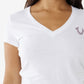 Camiseta feminina True Religion com estampa de Buda, manga curta, gola V, branca, tamanho pequeno
