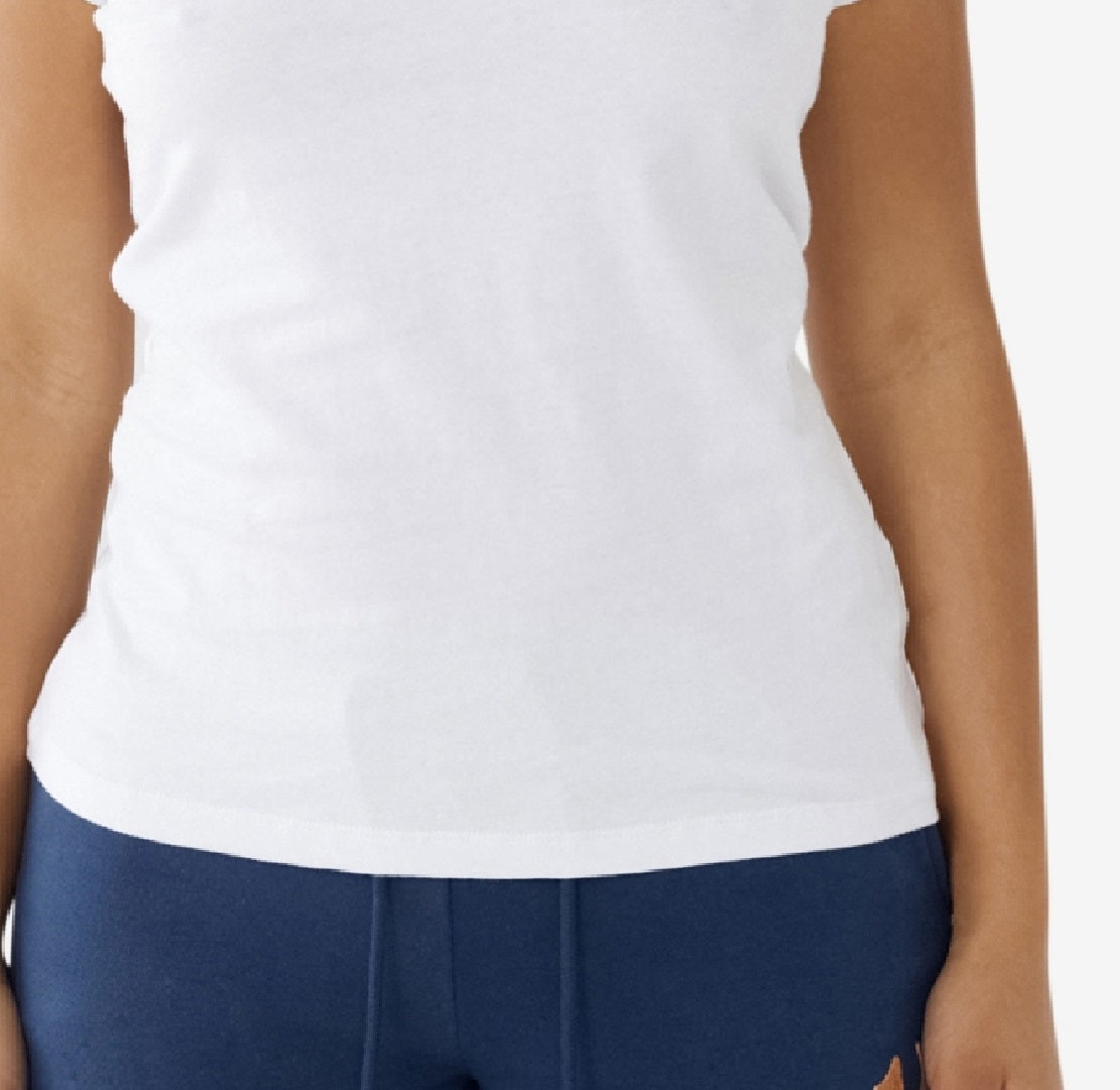 Camiseta feminina True Religion com estampa de Buda, manga curta, gola V, branca, tamanho pequeno