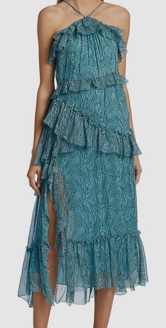 Cinq à Sept Vestido Rayner Ruffle Chiffon em Celeste Multi, Tamanho 6