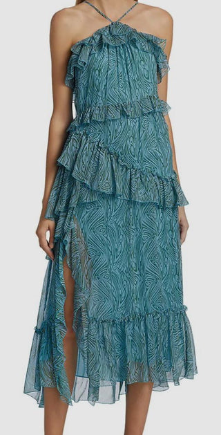 Cinq à Sept Vestido Rayner Ruffle Chiffon em Celeste Multi, Tamanho 6