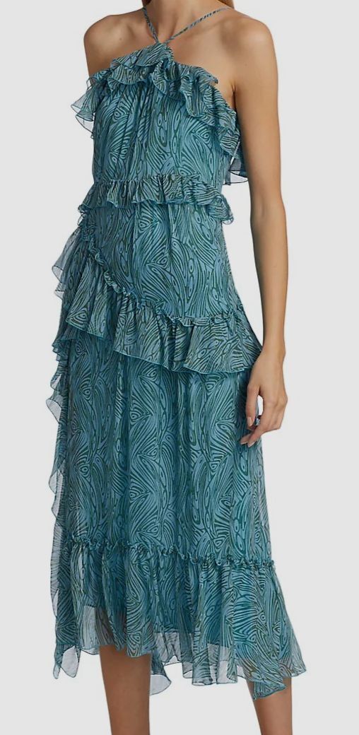 Cinq à Sept Vestido Rayner Ruffle Chiffon em Celeste Multi, Tamanho 6